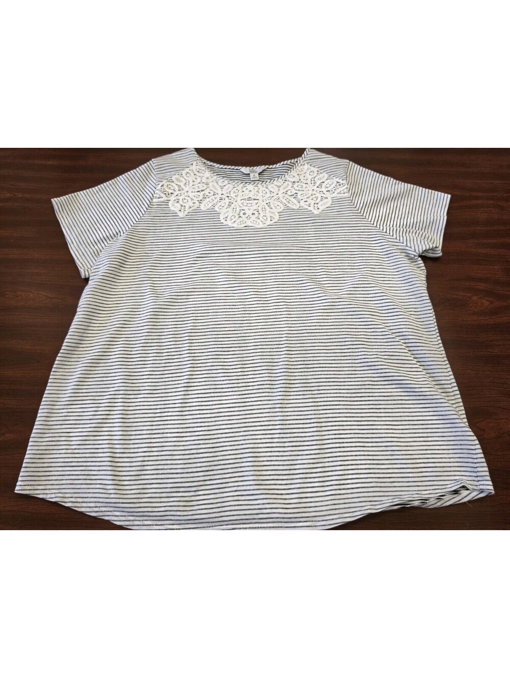Croft & Barrow Striped Top Womens 2X Black White Lace Collar Short Sleeve Blouse